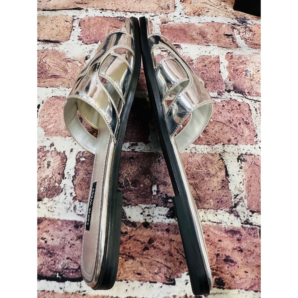 Nine West Womens Metallic Silver Slide Sandals Square Toe Flat H-Strap Mirror - Picture 7 of 13